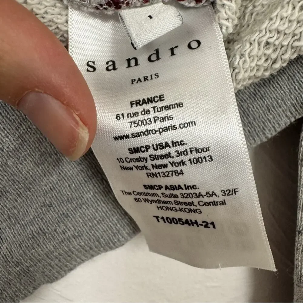 Sandro Paris Grey Red Lace Crew Neck Sweatshirt Womens S Preppy Casual Pullover - Picture 3 of 11